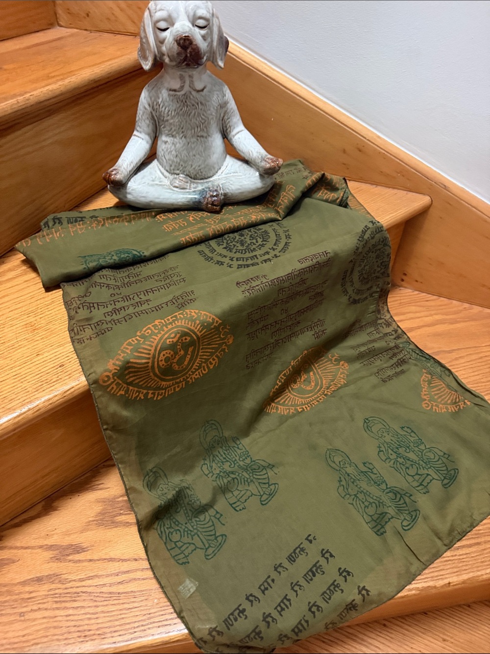 VTG Olive Color Cotton Hindu Om Mantra Print Prayer Scarf Wrap Made in India